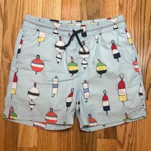 Light Blue Boys Swim Trunks with Colorful Buoy Print
